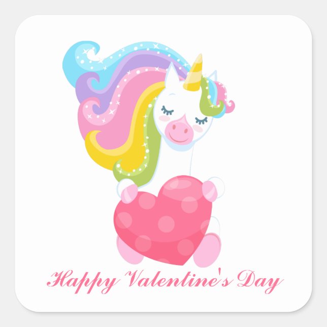 Pegatina Cuadrada Cute Fantasy unicorn Feliz Día de San Valentín (Anverso)