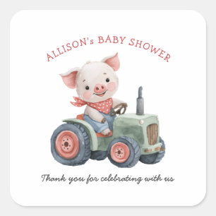 Pegatina Cuadrada Cute Farm Animals Pig Tractor Baby Shower