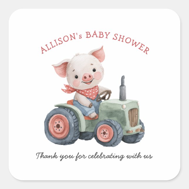 Pegatina Cuadrada Cute Farm Animals Pig Tractor Baby Shower (Anverso)