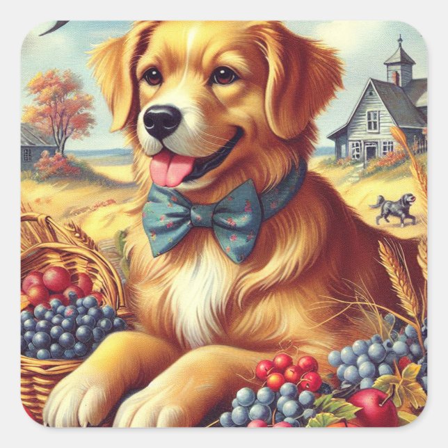 Pegatina Cuadrada Cute Farm Dog Pinting (Anverso)