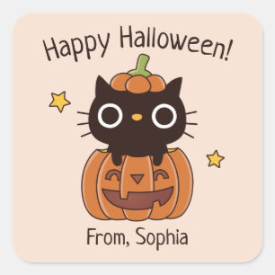Pegatina Cuadrada Cute Feliz Halloween Gato Negro En Calabaza Sticke