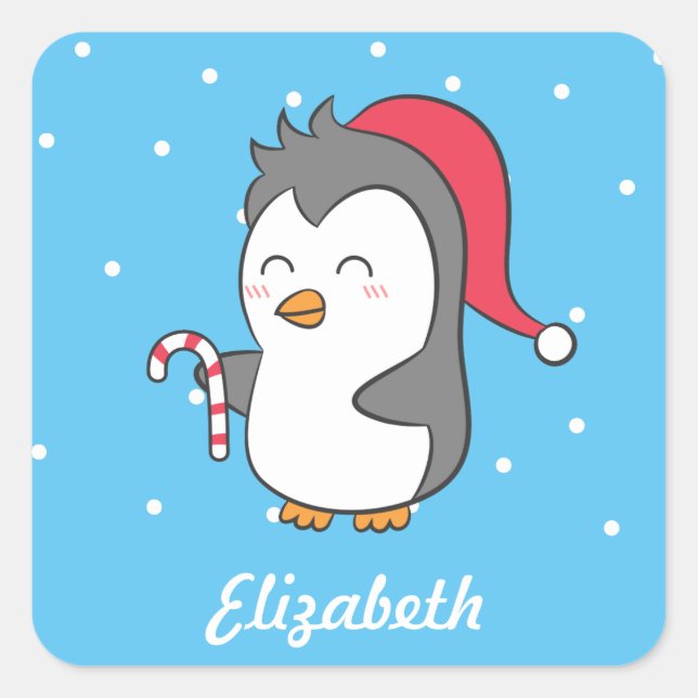 Pegatina Cuadrada Cute Feliz Navidades Penguin Candy Cane Para Niños (Anverso)