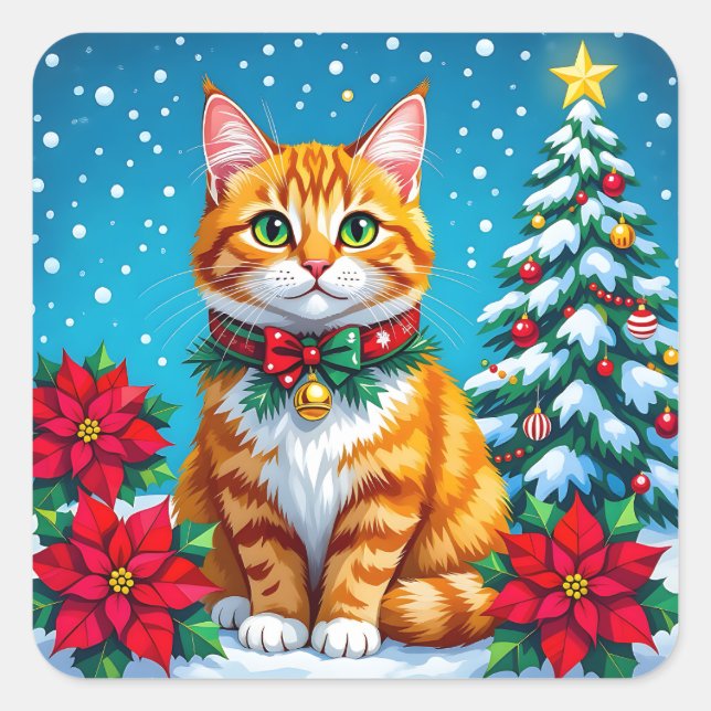 Pegatina Cuadrada Cute Festive Orange Cat Christmas (Anverso)