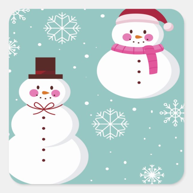 Pegatina Cuadrada Cute Festive Winter Pink Frosty Snowman (Anverso)