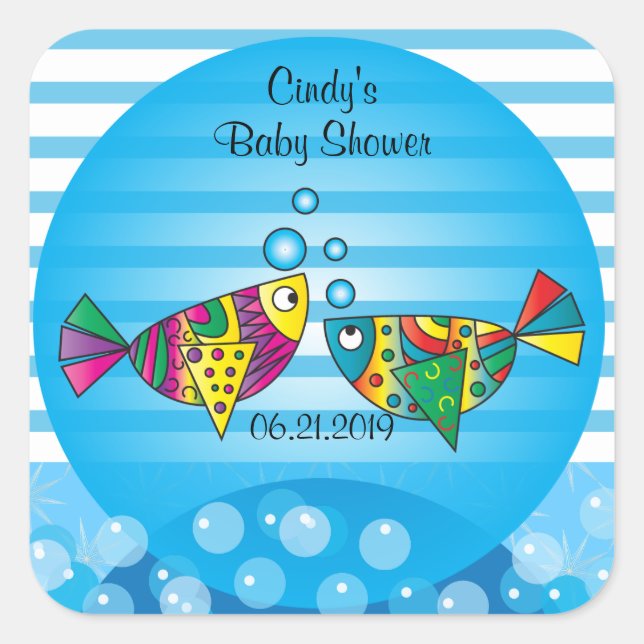 Pegatina Cuadrada Cute Fishy Bubbles Tema de Baby Shower (Anverso)