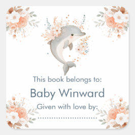 Pegatina Cuadrada Cute Floral Dolphin Baby Shower