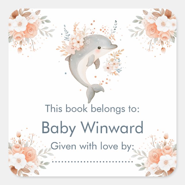 Pegatina Cuadrada Cute Floral Dolphin Baby Shower (Anverso)