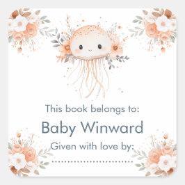 Pegatina Cuadrada Cute Floral Jellyfish Baby Shower 