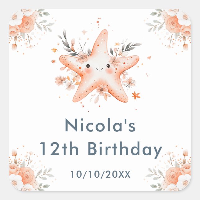 Pegatina Cuadrada Cute Floral Starfish Birthday Party (Anverso)