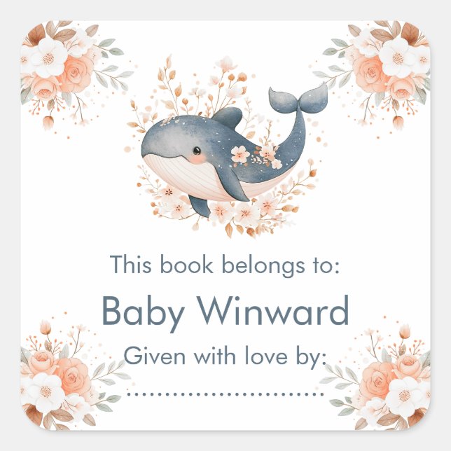 Pegatina Cuadrada Cute Floral Whale Baby Shower  (Anverso)