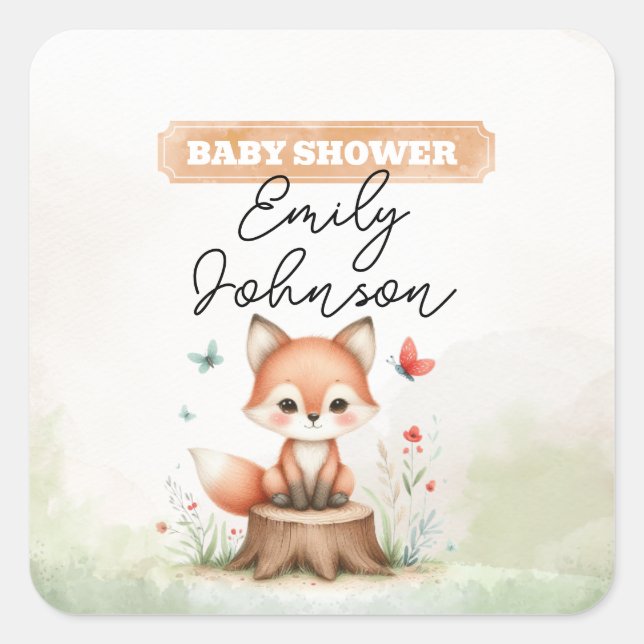 Pegatina Cuadrada Cute fox baby shower  (Anverso)