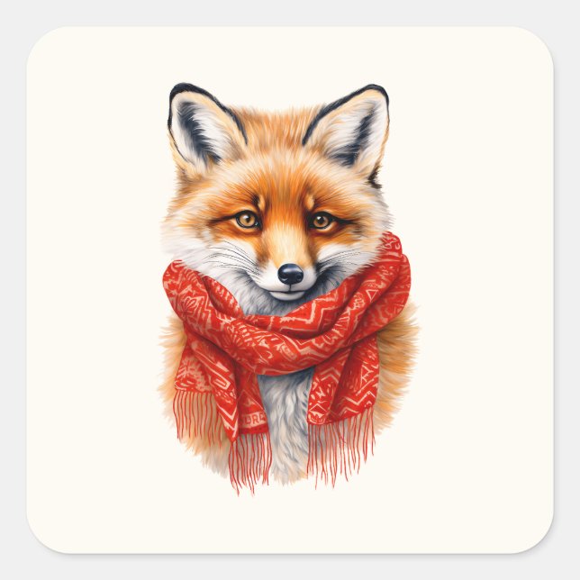 Pegatina Cuadrada Cute Fox in a Red Scarf Autumn Image (Anverso)
