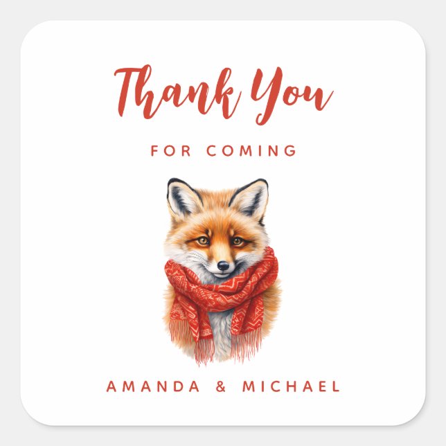 Pegatina Cuadrada Cute Fox in a Red Scarf Autumn Image Thank You (Anverso)