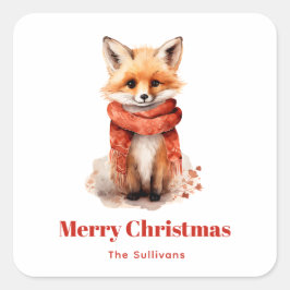 Pegatina Cuadrada Cute Fox Pup in a Red Scarf Christmas