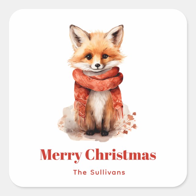 Pegatina Cuadrada Cute Fox Pup in a Red Scarf Christmas (Anverso)