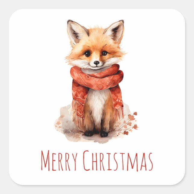 Pegatina Cuadrada Cute Fox Pup in a Red Scarf Christmas (Anverso)