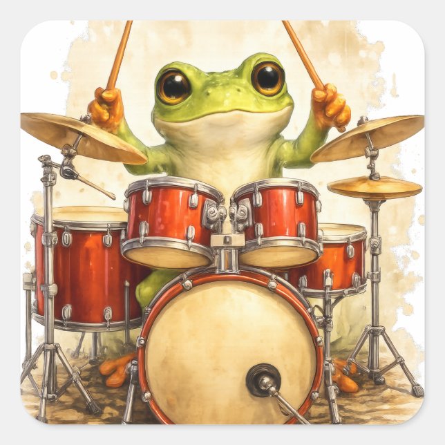 Pegatina Cuadrada Cute Frog Drummer Sticker – Funny Music Art (Anverso)