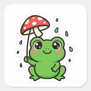 Pegatina Cuadrada Cute Frog Hongo Paraguas Sticker de Lluvia