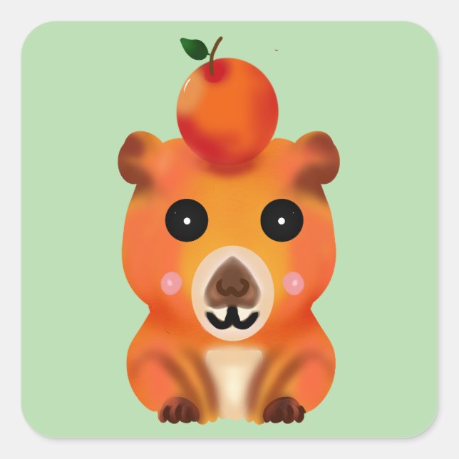 Pegatina Cuadrada Cute Fuzzy Capybara with Orange | Kawaii Animal Ar (Anverso)