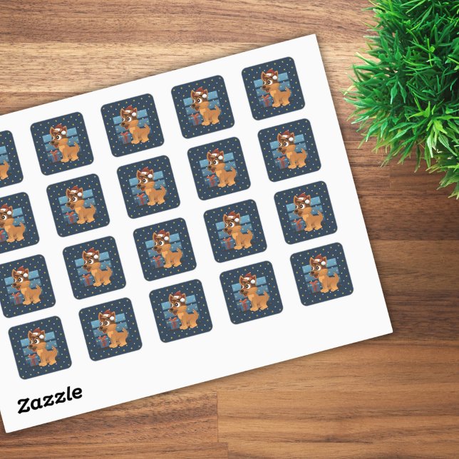 Pegatina Cuadrada Cute German Shepherd puppy Cartoon Starry night (Subido por el creador)