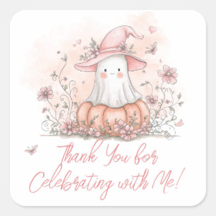 Pegatina Cuadrada Cute Ghost Birthday Gracias