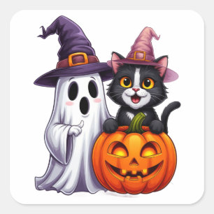 Pegatina Cuadrada Cute Ghost Black Cat Pumpkin Halloween Tee 🎃