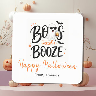 Pegatina Cuadrada Cute Ghost Boos y Bebida Halloween