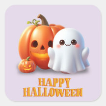 Cute Ghost & Pumpkin Happy Halloween Square Sticke