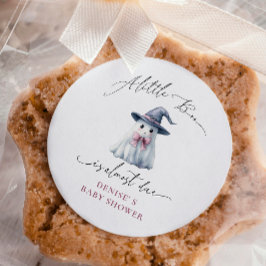 Pegatina Cuadrada Cute Ghost with Pink Bow & Witch Hat Baby Shower 