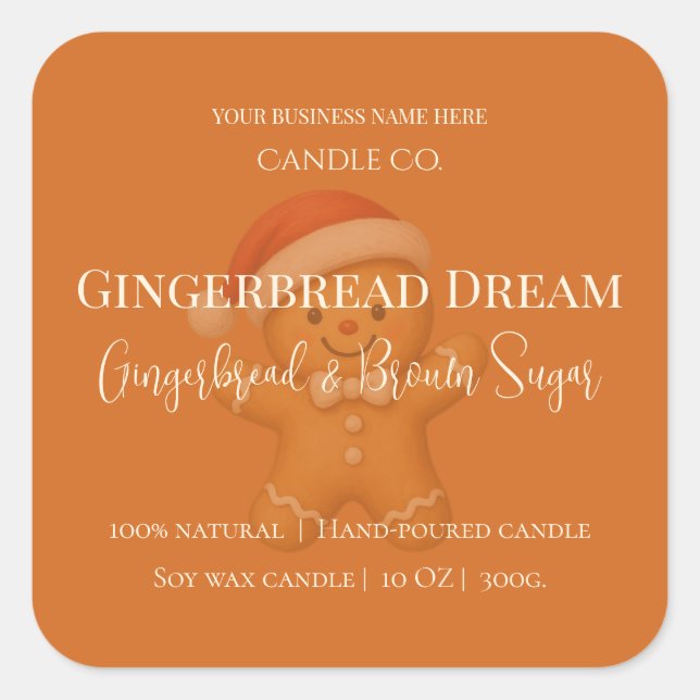 Pegatina Cuadrada Cute Gingerbread Man Christmas Candle Label (Anverso)