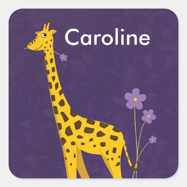 Pegatina Cuadrada Cute Giraffe sostiene el Personalizable de las flo (Anverso)