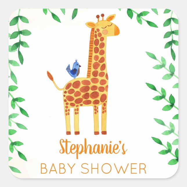 Pegatina Cuadrada Cute Giraffe y Bird Baby Shower (Anverso)