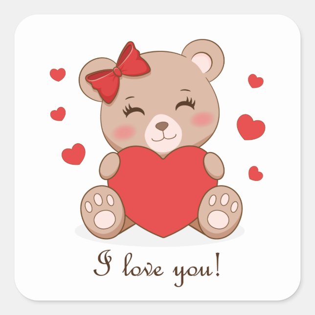 Pegatina Cuadrada Cute girl bear holding heart sticker (Anverso)