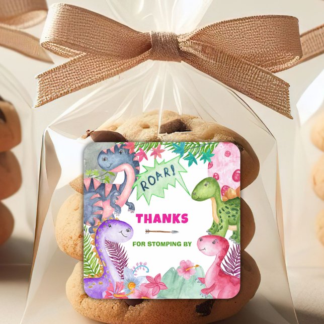 Pegatina Cuadrada Cute Girl Dinosaur 4th Birthday Thank You (Subido por el creador)