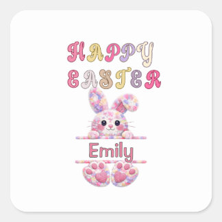 Pegatina Cuadrada Cute Girl Personalize Happy Easter Bunny