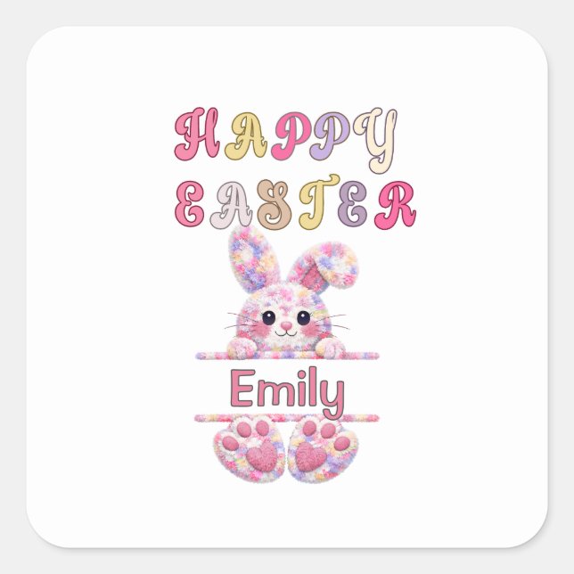 Pegatina Cuadrada Cute Girl Personalize Happy Easter Bunny (Anverso)