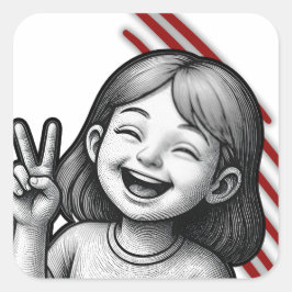 Pegatina Cuadrada Cute Girl Signo de Paz Sticker – Ilustración Blanc