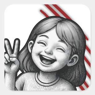 Pegatina Cuadrada Cute Girl Signo de Paz Sticker – Ilustración Blanc