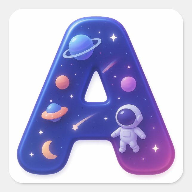 Pegatina Cuadrada Cute Glossy Space Alphabet Letter A – Galaxy Theme (Anverso)