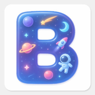 Pegatina Cuadrada Cute Glossy Space Alphabet Letter B – Galaxy Theme