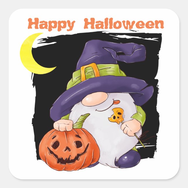 Pegatina Cuadrada Cute Gnome Jack o' Lantern Kids Halloween (Anverso)