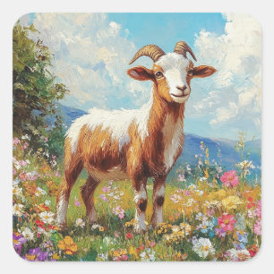 Pegatina Cuadrada Cute Goat Colorful Wildflower Meadow