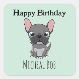 Pegatina Cuadrada Cute gray happy birthday custom name pug dog blue