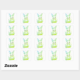 Pegatina Cuadrada Cute Green Bunny Party Theme Pastel Floral