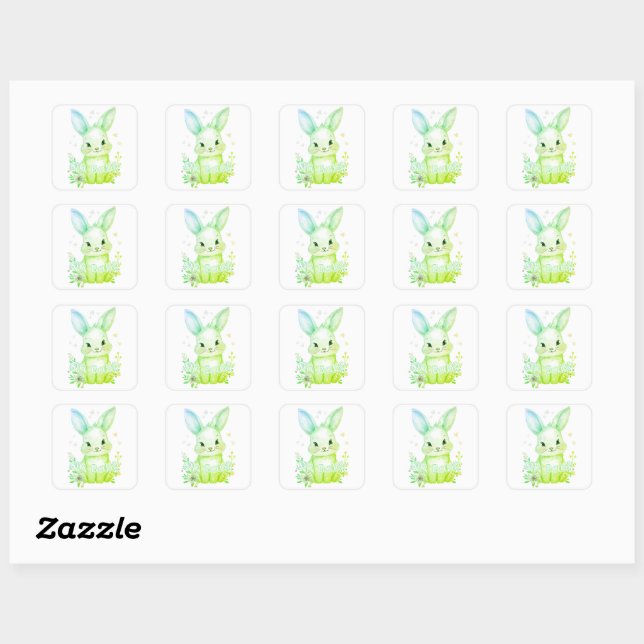 Pegatina Cuadrada Cute Green Bunny Party Theme Pastel Floral (Hoja)