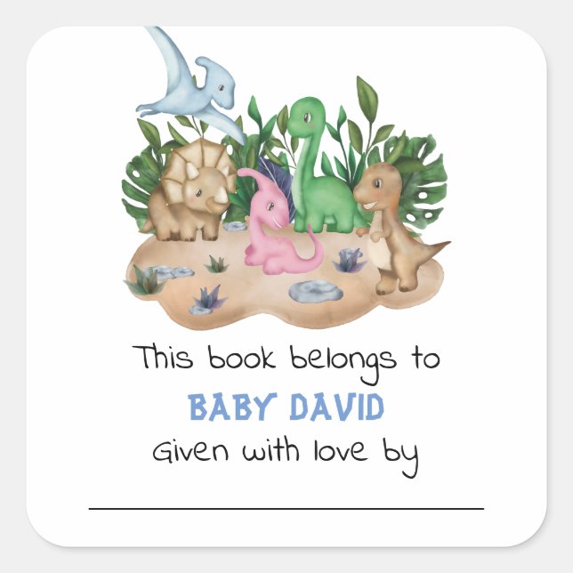 Pegatina Cuadrada Cute Greenery Dinosaurios Baby Shower (Anverso)