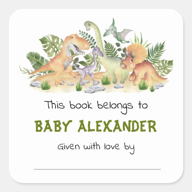 Pegatina Cuadrada Cute Greenery Dinosaurios Baby Shower Bookplate (Anverso)