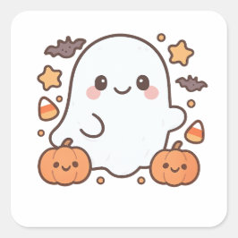 Pegatina Cuadrada Cute Halloween Fantasma Clipart, Fun y Cute Spooky