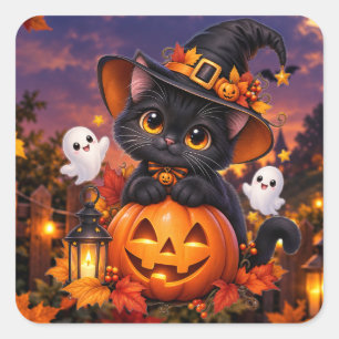 Pegatina Cuadrada Cute Halloween Gato Negro Calabaza Bruja Cuadrado