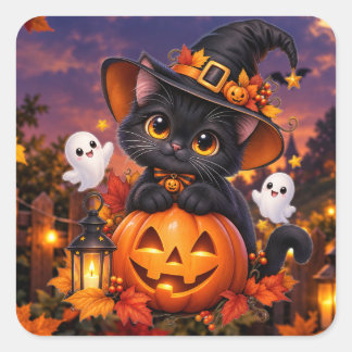 Pegatina Cuadrada Cute Halloween Gato Negro Calabaza Bruja Cuadrado